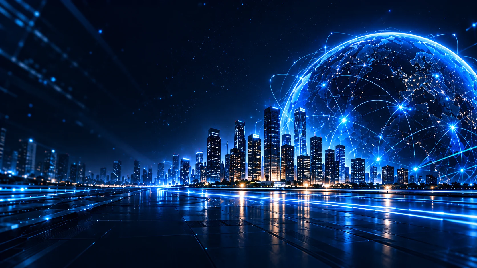 Futuristic city and digital globe