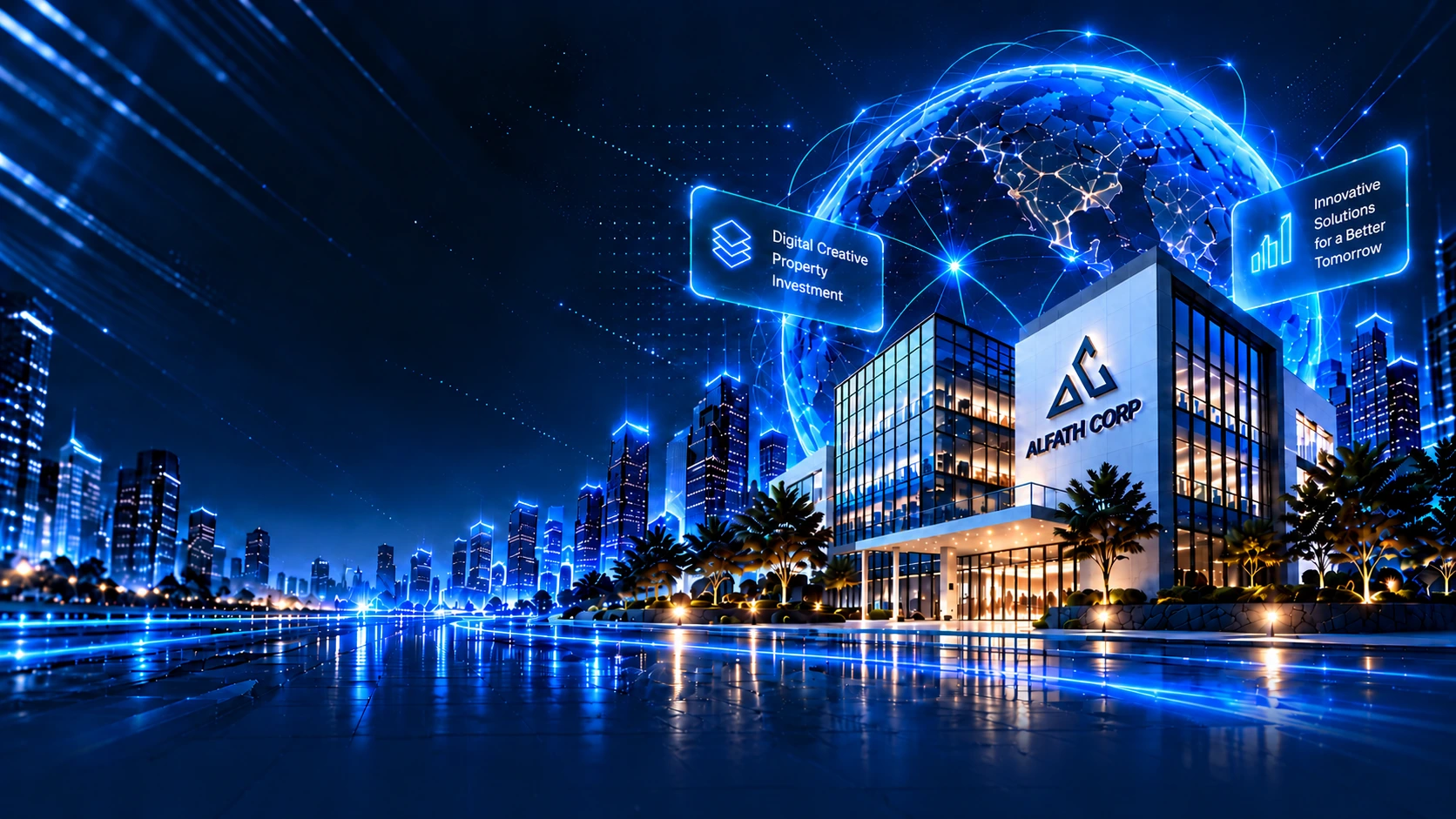 Futuristic Alfath Corp building, city skyline and digital globe